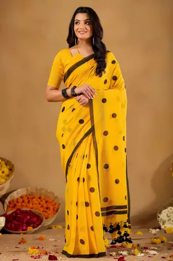 Raag varnam mustrad yellow handloom print cotton saree