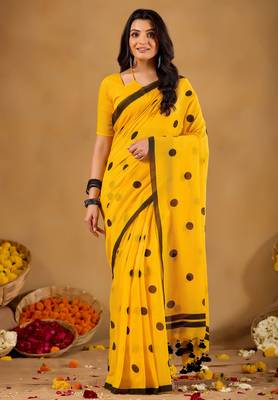 Raag varnam mustrad yellow handloom print cotton saree 5