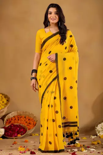 Raag varnam mustrad yellow handloom print cotton saree