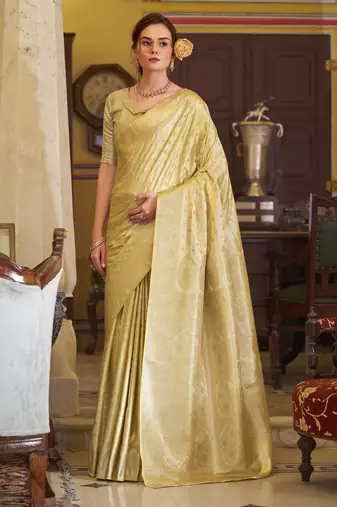 yellow satin banarasi silk blend woven saree with unstitched blouse piece