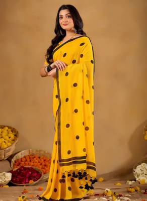Raag varnam mustrad yellow handloom print cotton saree 6