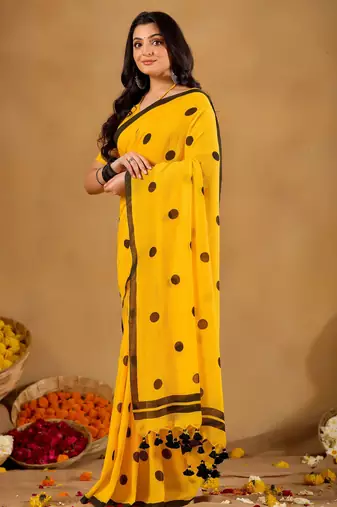 Raag varnam mustrad yellow handloom print cotton saree