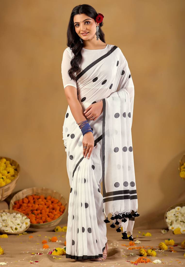 Raag varnam white handloom print cotton saree