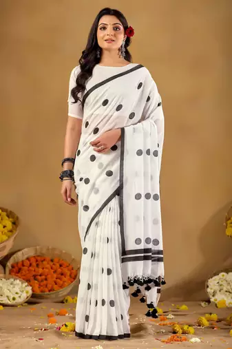 Raag varnam white handloom print cotton saree