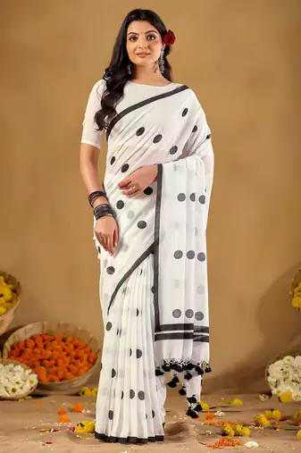 Raag varnam white handloom print cotton saree
