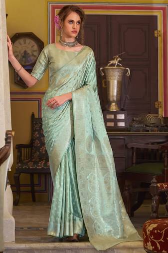 turquoise satin banarasi silk blend woven saree with unstitched blouse piece