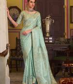 turquoise satin banarasi silk blend woven saree with unstitched blouse piece