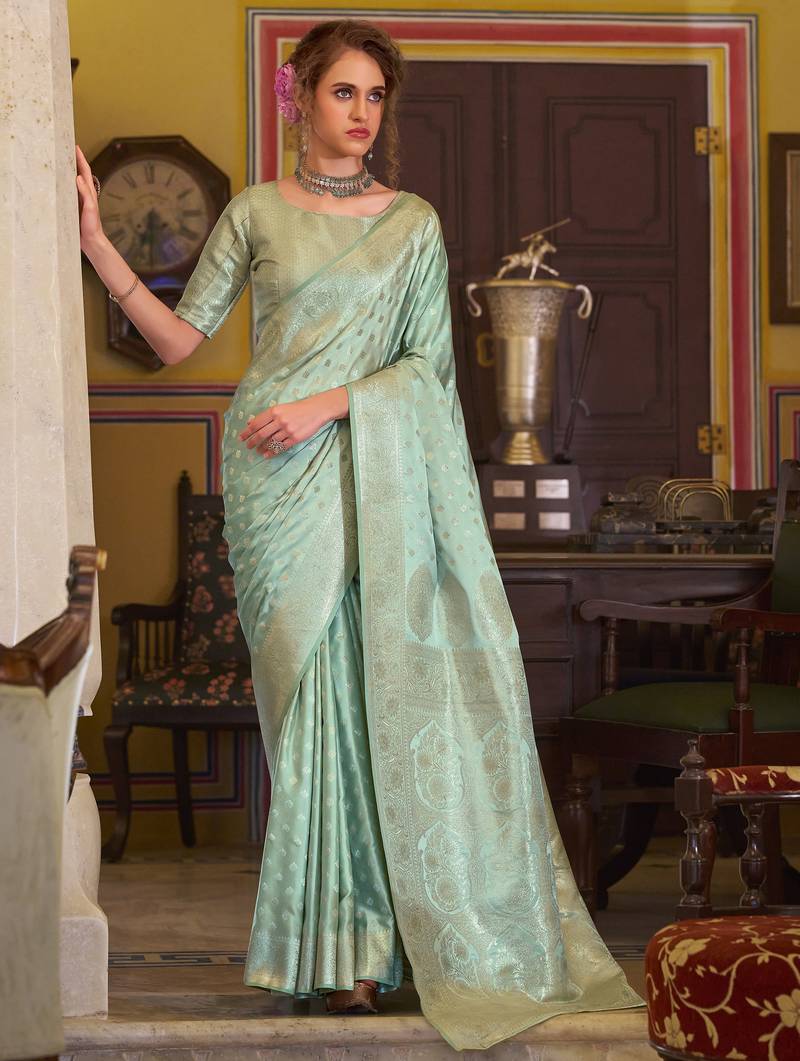 turquoise satin banarasi silk blend woven saree with unstitched blouse piece