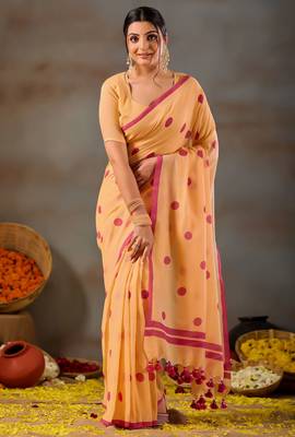 Raag varnam yellow handloom print cotton saree 1