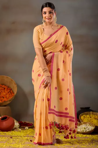 Raag varnam yellow handloom print cotton saree