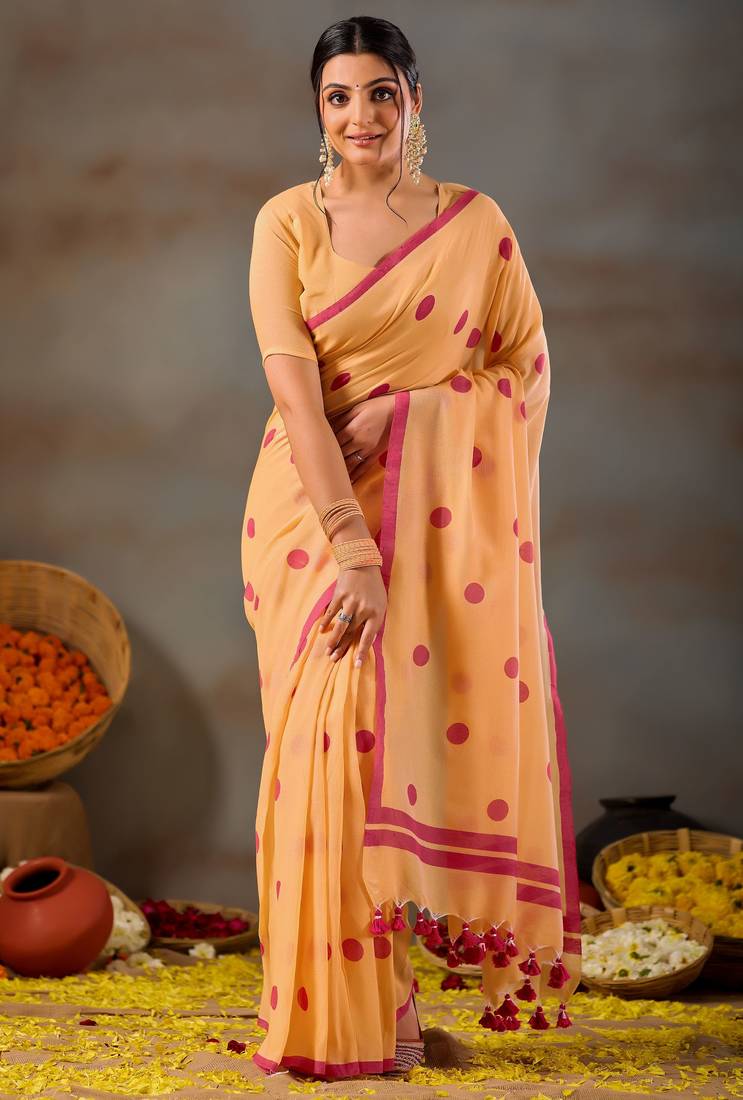 Raag varnam yellow handloom print cotton saree