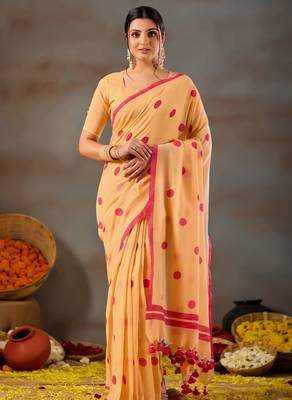 Raag varnam yellow handloom print cotton saree 3