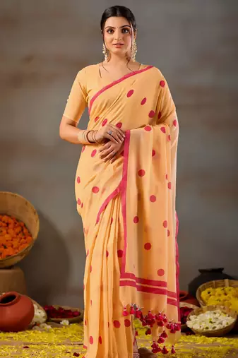 Raag varnam yellow handloom print cotton saree