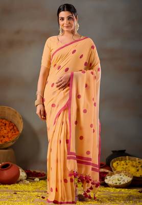 Raag varnam yellow handloom print cotton saree 4