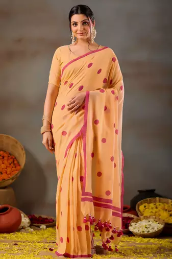 Raag varnam yellow handloom print cotton saree