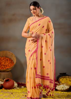Raag varnam yellow handloom print cotton saree 5