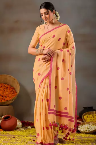 Raag varnam yellow handloom print cotton saree