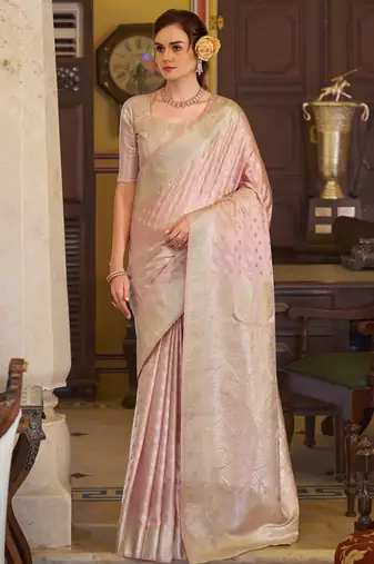 pink satin banarasi silk blend woven saree with unstitched blouse piece
