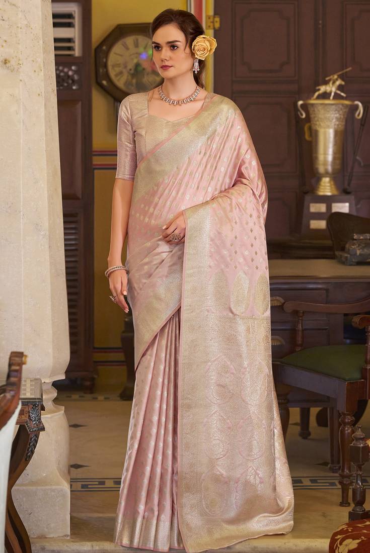 pink satin banarasi silk blend woven saree with unstitched blouse piece