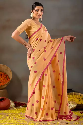 Raag varnam yellow handloom print cotton saree