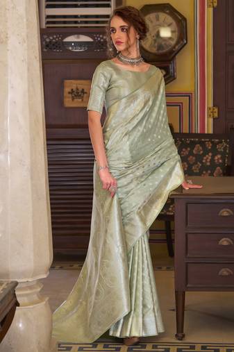 sea green satin banarasi silk blend woven saree with unstitched blouse piece