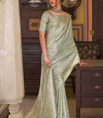 sea green satin banarasi silk blend woven saree with unstitched blouse piece