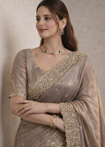 Grey Color Beautiful Embroidery detailling Satin Silk Saree