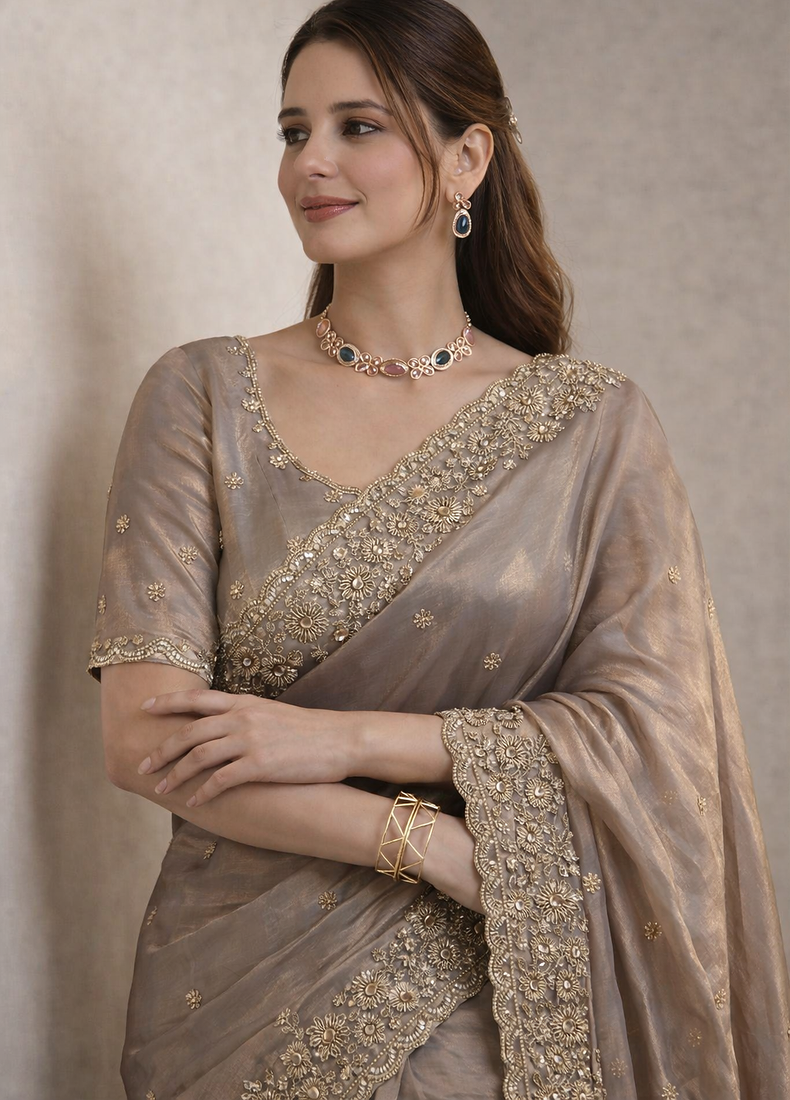 Grey Color Beautiful Embroidery detailling Satin Silk Saree