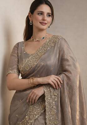 Grey Color Beautiful Embroidery detailling Satin Silk Saree 2