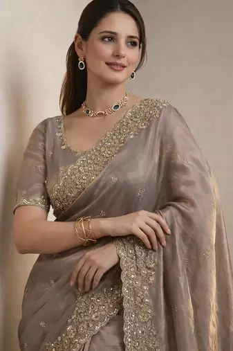 Grey Color Beautiful Embroidery detailling Satin Silk Saree