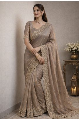Grey Color Beautiful Embroidery detailling Satin Silk Saree 3