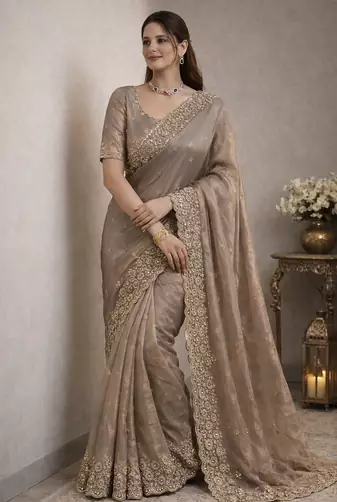 Grey Color Beautiful Embroidery detailling Satin Silk Saree