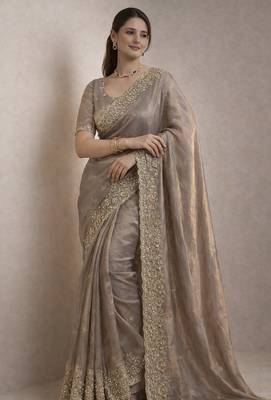 Grey Color Beautiful Embroidery detailling Satin Silk Saree 4