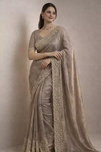 Grey Color Beautiful Embroidery detailling Satin Silk Saree