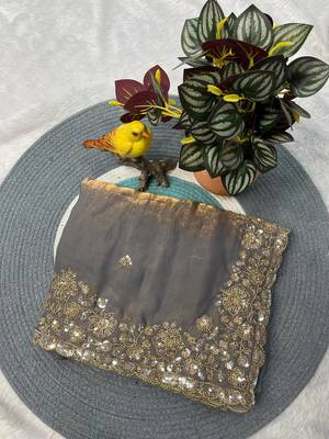 Grey Color Beautiful Embroidery detailling Satin Silk Saree 5