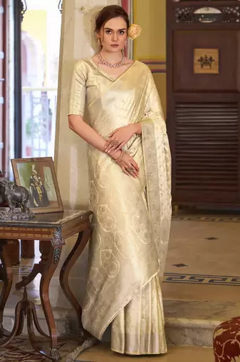 beige satin banarasi silk blend woven saree with unstitched blouse piece