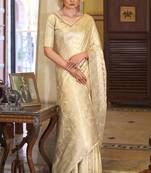 beige satin banarasi silk blend woven saree with unstitched blouse piece