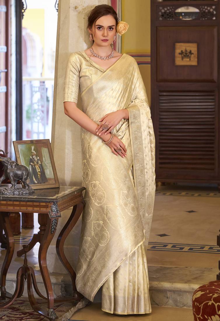 beige satin banarasi silk blend woven saree with unstitched blouse piece