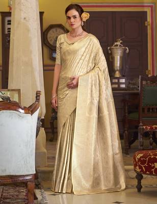 beige satin banarasi silk blend woven saree with unstitched blouse piece 2