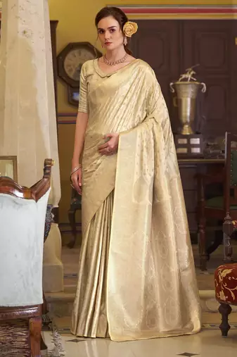 beige satin banarasi silk blend woven saree with unstitched blouse piece
