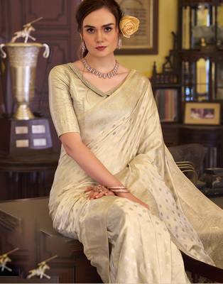beige satin banarasi silk blend woven saree with unstitched blouse piece 3
