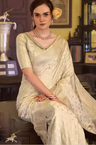 beige satin banarasi silk blend woven saree with unstitched blouse piece