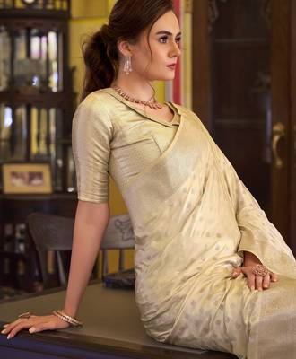 beige satin banarasi silk blend woven saree with unstitched blouse piece 4