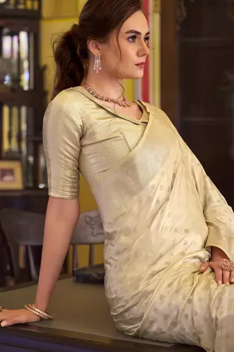 beige satin banarasi silk blend woven saree with unstitched blouse piece