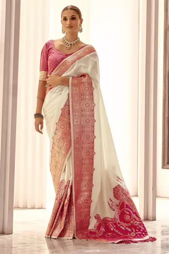 off white soft silk blend woven saree with unstitched blouse piece