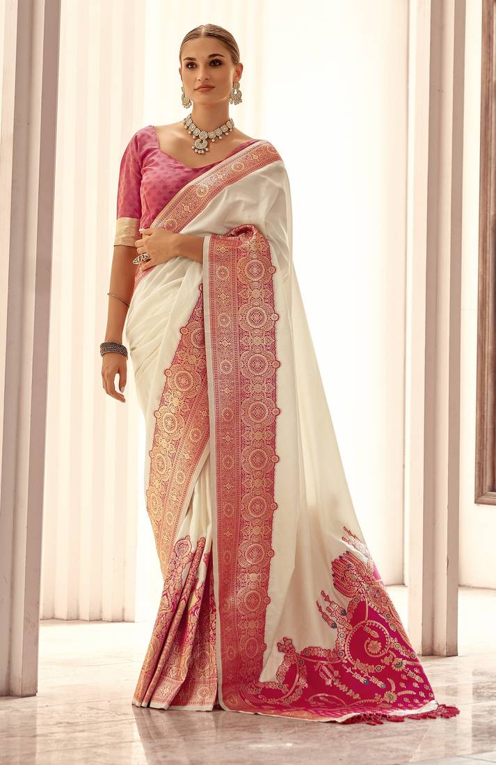 off white soft silk blend woven saree with unstitched blouse piece