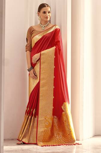 red soft silk blend woven saree with unstitched blouse piece