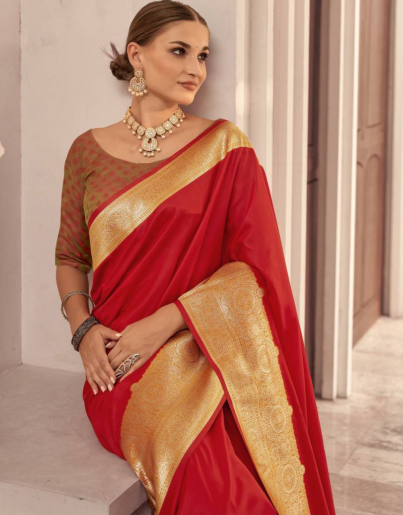 red soft silk blend woven saree with unstitched blouse piece