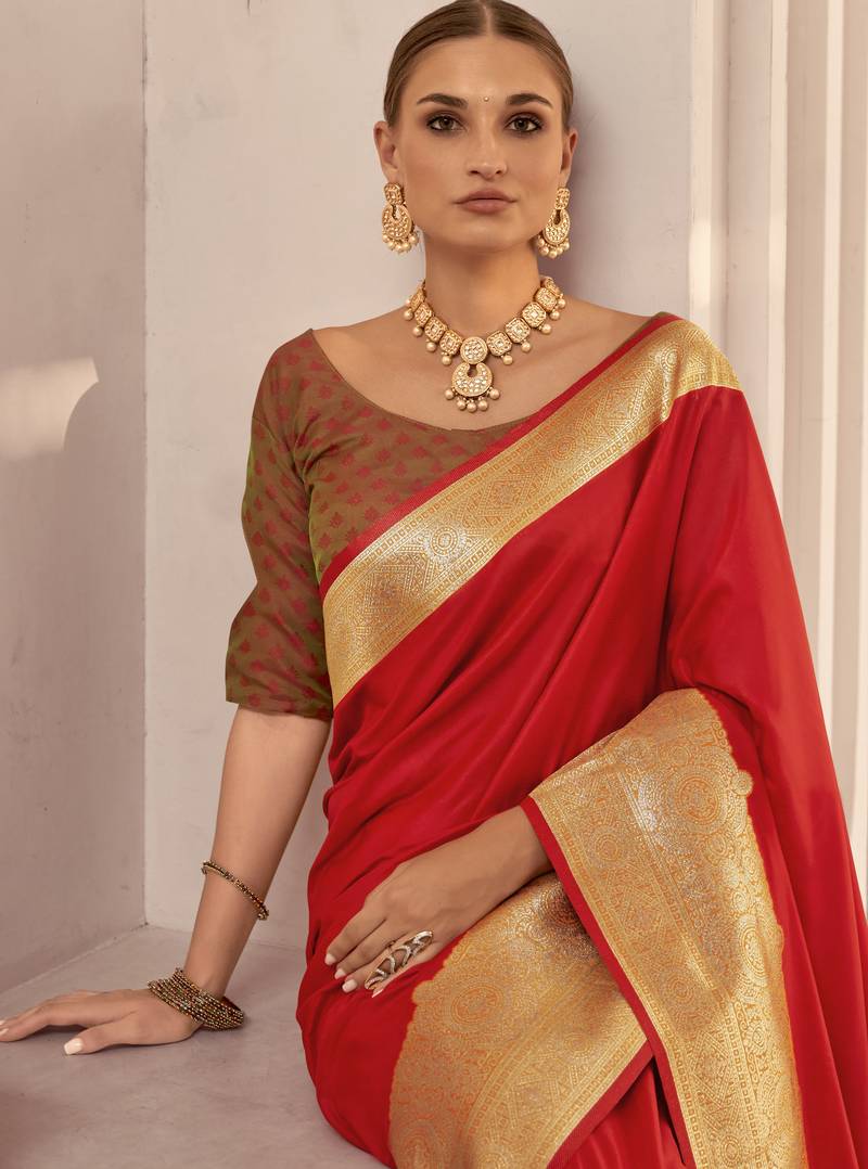 red soft silk blend woven saree with unstitched blouse piece