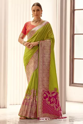 parrot green soft silk blend woven saree with unstitched blouse piece